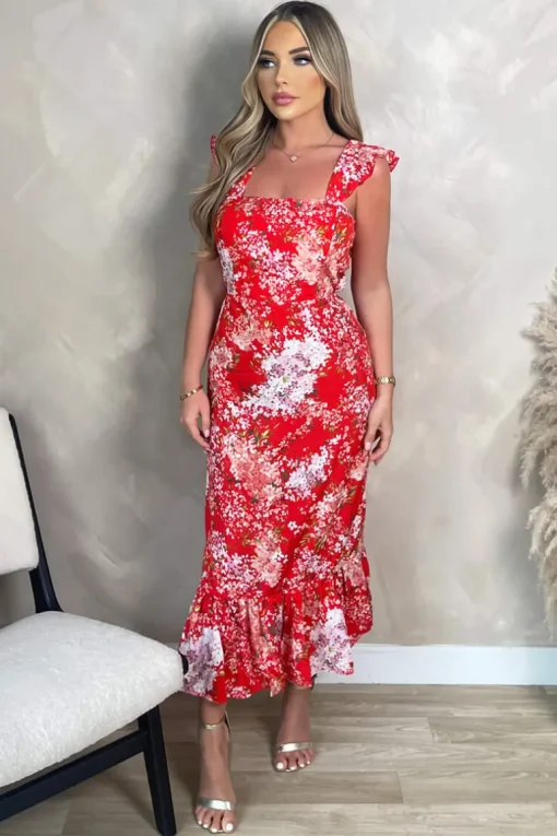 Red Floral Printed Frill Strap Midi Dress