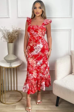 Red Floral Printed Frill Strap Midi Dress