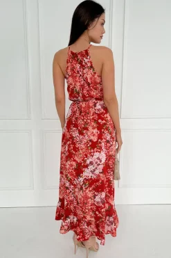Red Floral Printed Frill Hem High Neck Midi Dress