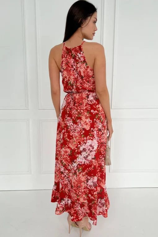 Red Floral Printed Frill Hem High Neck Midi Dress