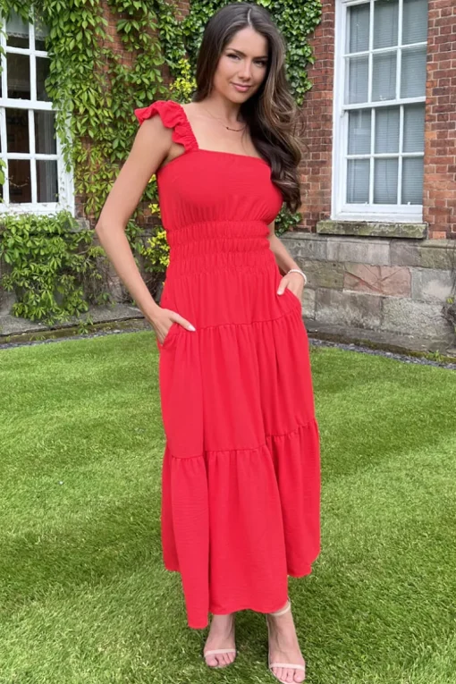 Red Frill Strap Tiered Midi Dress