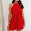 Red Halter Neck Tie Waist Playsuit