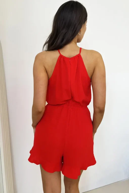 Red Halter Neck Tie Waist Playsuit