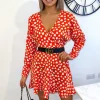 Red Heart Print Long Sleeve Wrap Skater Dress