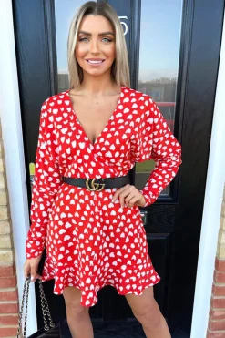 Red Heart Print Long Sleeve Wrap Skater Dress