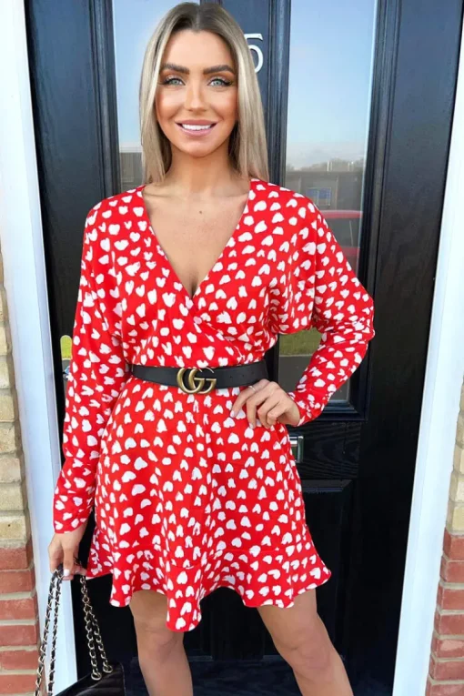 Red Heart Print Long Sleeve Wrap Skater Dress