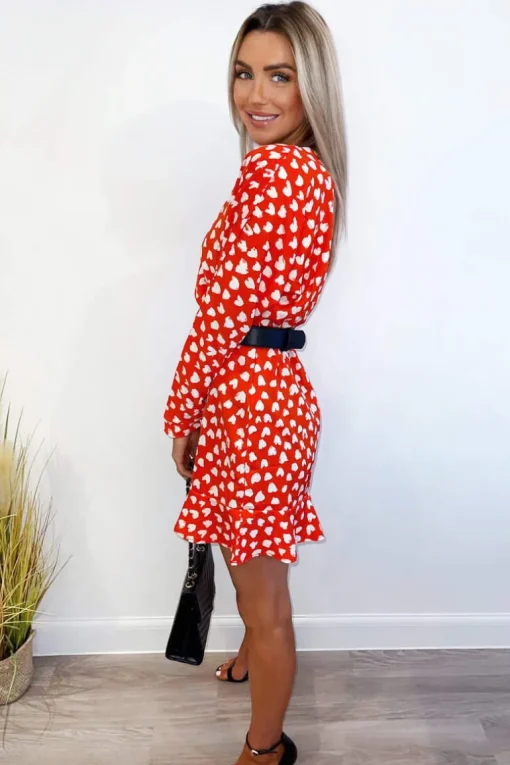 Red Heart Print Long Sleeve Wrap Skater Dress