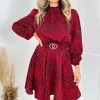 Red Leopard Print Gold Belted Skater Dress