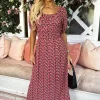 Red Multi Floral Printed Puff Sleeve Midi Dress