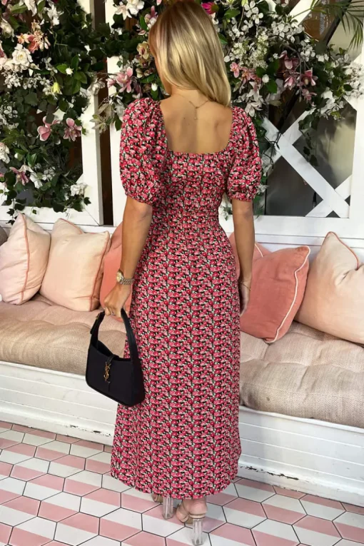 Red Multi Floral Printed Puff Sleeve Midi Dress