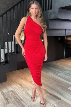 Red One Shoulder Asymmetric Hem Ruched Midi Dress