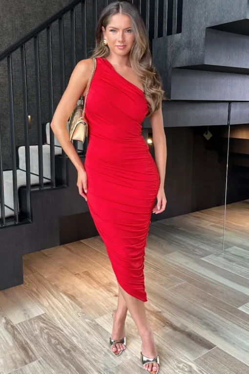 Red One Shoulder Asymmetric Hem Ruched Midi Dress