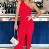 Red One Shoulder Knot Skirt Midi Dress