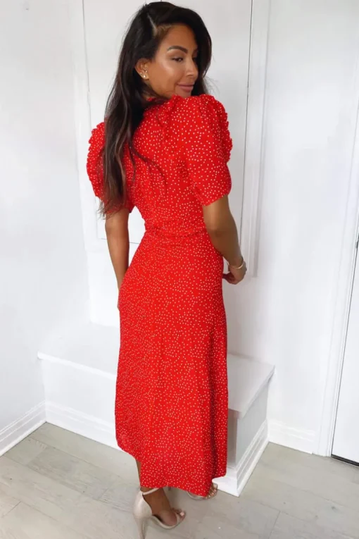 Red Polka Dot Frill Sleeve Midi Dress