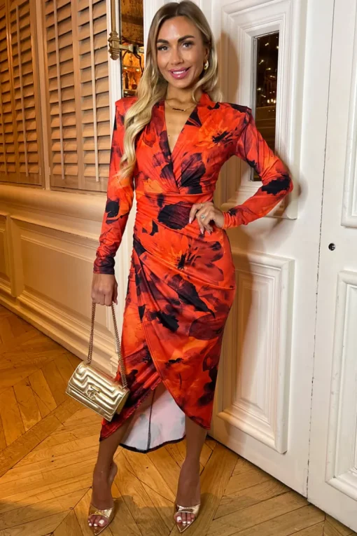 Red Printed Long Sleeve Wrap Midi Dress