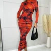 Red Printed Mesh Long Sleeve Bodycon Midi Dress