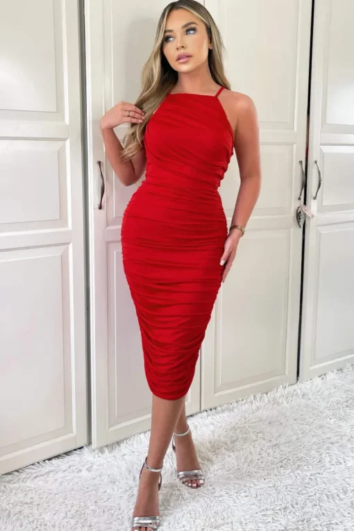 Red Ruched Pleated Top Midi Dress