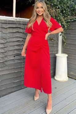 Red Ruched Split Leg Midi Dress