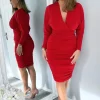 Red Ruched Wrap Top Midi Dress