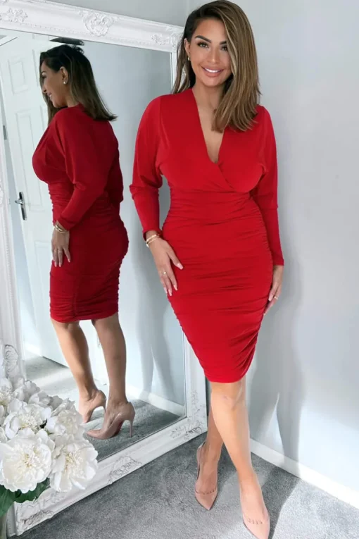 Red Ruched Wrap Top Midi Dress