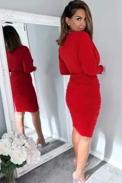 Red Ruched Wrap Top Midi Dress