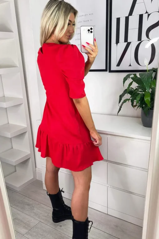 Red Ruffle Sleeve Shift Dress