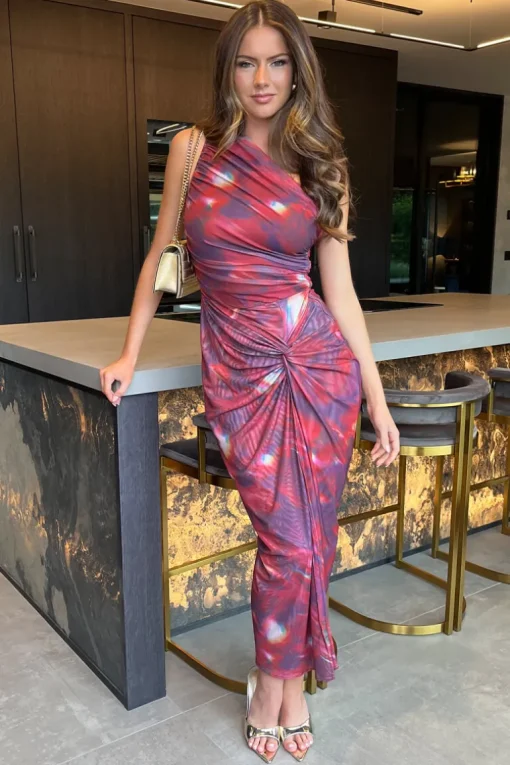 Red Tie Dye Print One Shoulder Knot Skirt Mesh Midi Dress
