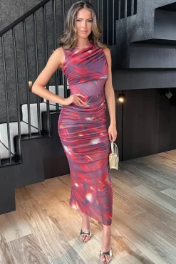 Red Tie Dye Print Ruched Bodycon Mesh Midi Dress