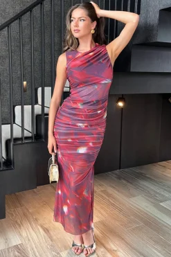 Red Tie Dye Print Ruched Bodycon Mesh Midi Dress