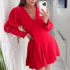 Red V-Neck Long Sleeve Skater Dress