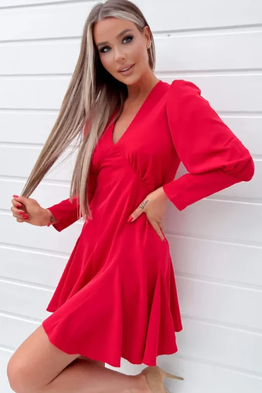 Red V-Neck Long Sleeve Skater Dress