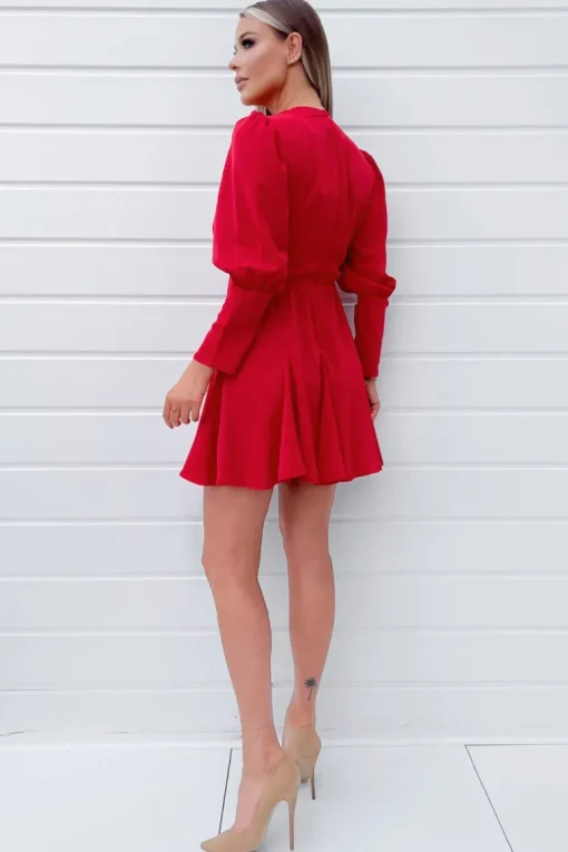 Red V-Neck Long Sleeve Skater Dress