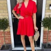 Red Wrap Over Belted Skater Dress With Short Sleeves