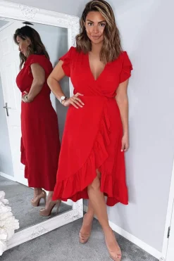 Red Wrap Over Frill Hem Short Sleeve Midi Dress