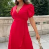 Red Wrap Over Tie Midi Dress