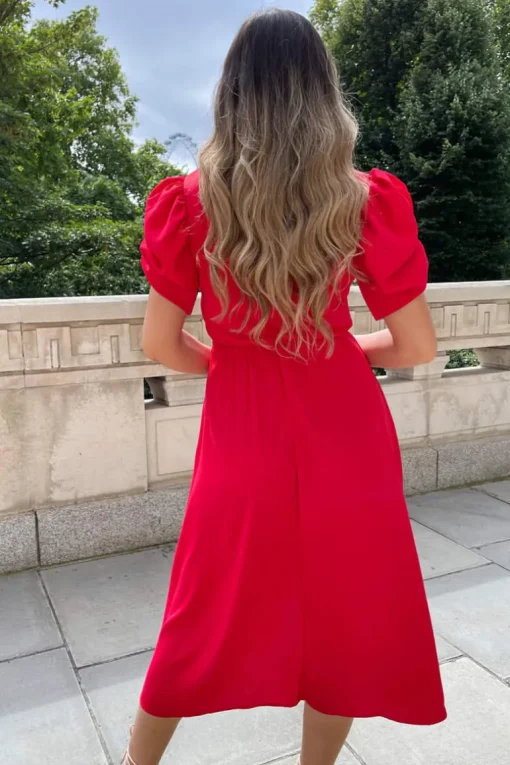 Red Wrap Over Tie Midi Dress