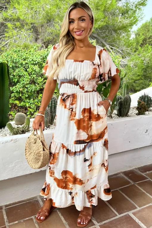 Rust And Cream Smudge Print Shirred Waist Smock Midi Dress