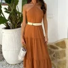 Rust Halterneck Straw Belt Tiered Midi Dress