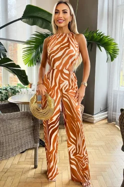 Rust Printed Cut Out Jumpsuit