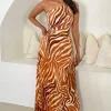 Rust Printed One Shoulder Pleated Midi Dress