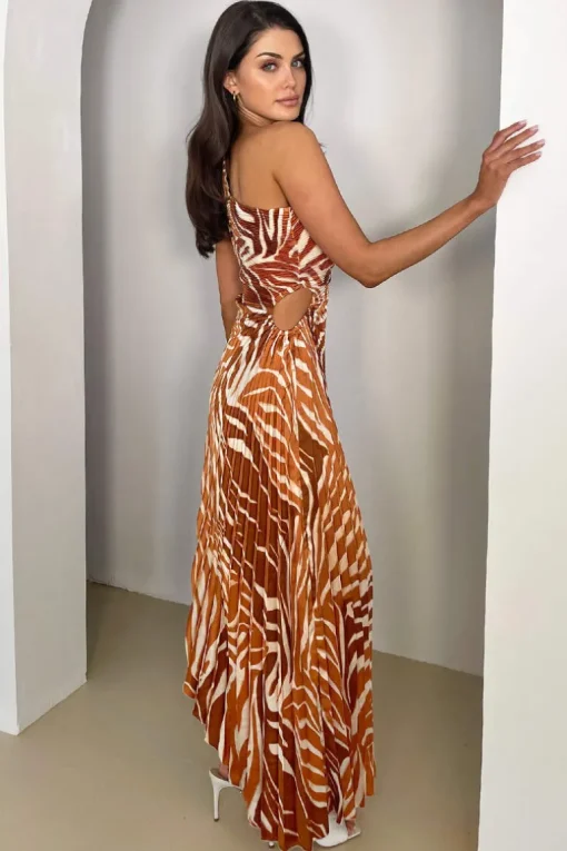 Rust Printed One Shoulder Pleated Midi Dress