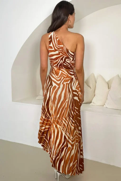 Rust Printed One Shoulder Pleated Midi Dress