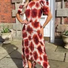 Rust Printed Puff Sleeve Zig Zag Hem Pleated Midi Dress