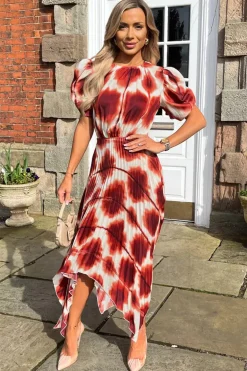 Rust Printed Puff Sleeve Zig Zag Hem Pleated Midi Dress