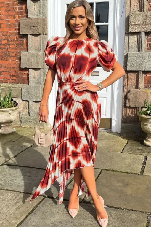 Rust Printed Puff Sleeve Zig Zag Hem Pleated Midi Dress