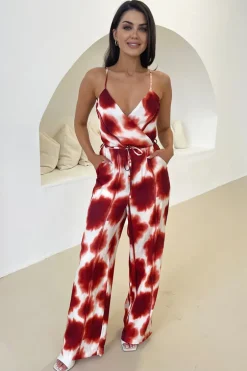 Rust Printed Strappy Tie Waist Jumpsuit