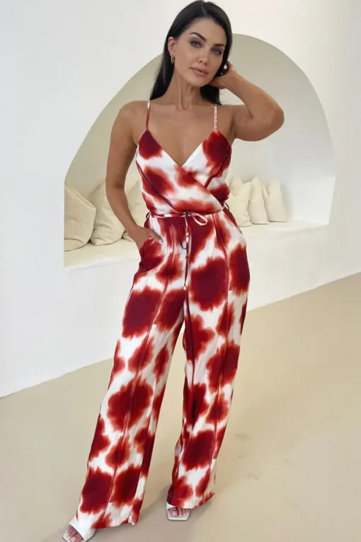 Rust Printed Strappy Tie Waist Jumpsuit