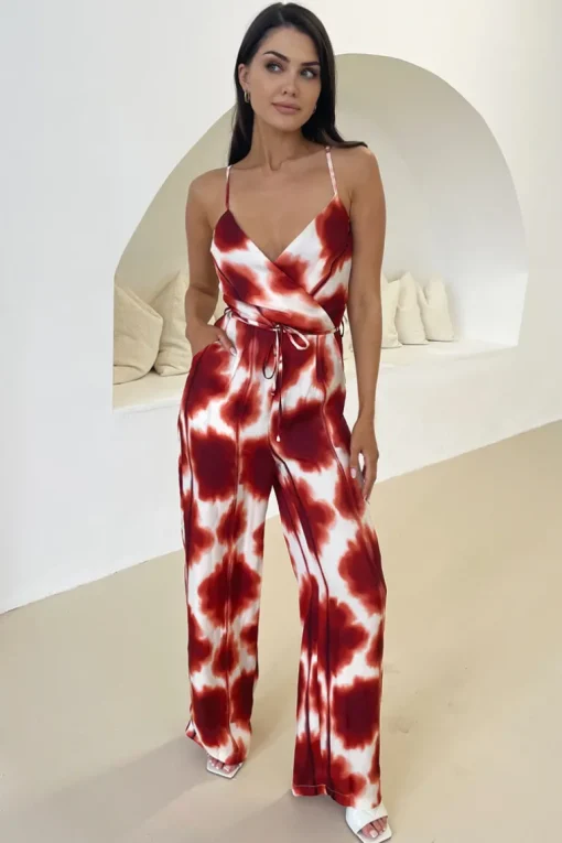 Rust Printed Strappy Tie Waist Jumpsuit