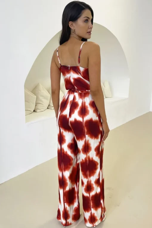 Rust Printed Strappy Tie Waist Jumpsuit