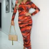Rust Printed Wrap Top Mesh Long Sleeve Bodycon Midi Dress